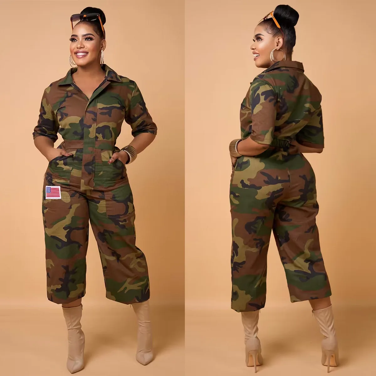BR4539 2024 New Fashion Camouflage Printed Pocket Lapel Jumpsuit