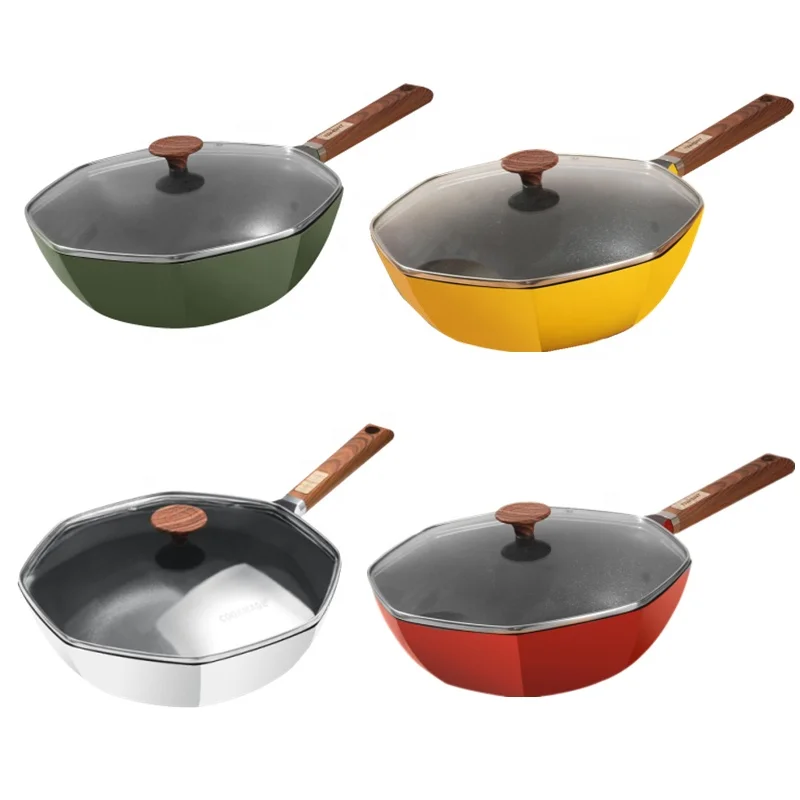 30cm Yellow Star Anise Wok Large Capacity Lightweight Octagonal Nonstick Aluminium Saute Pans