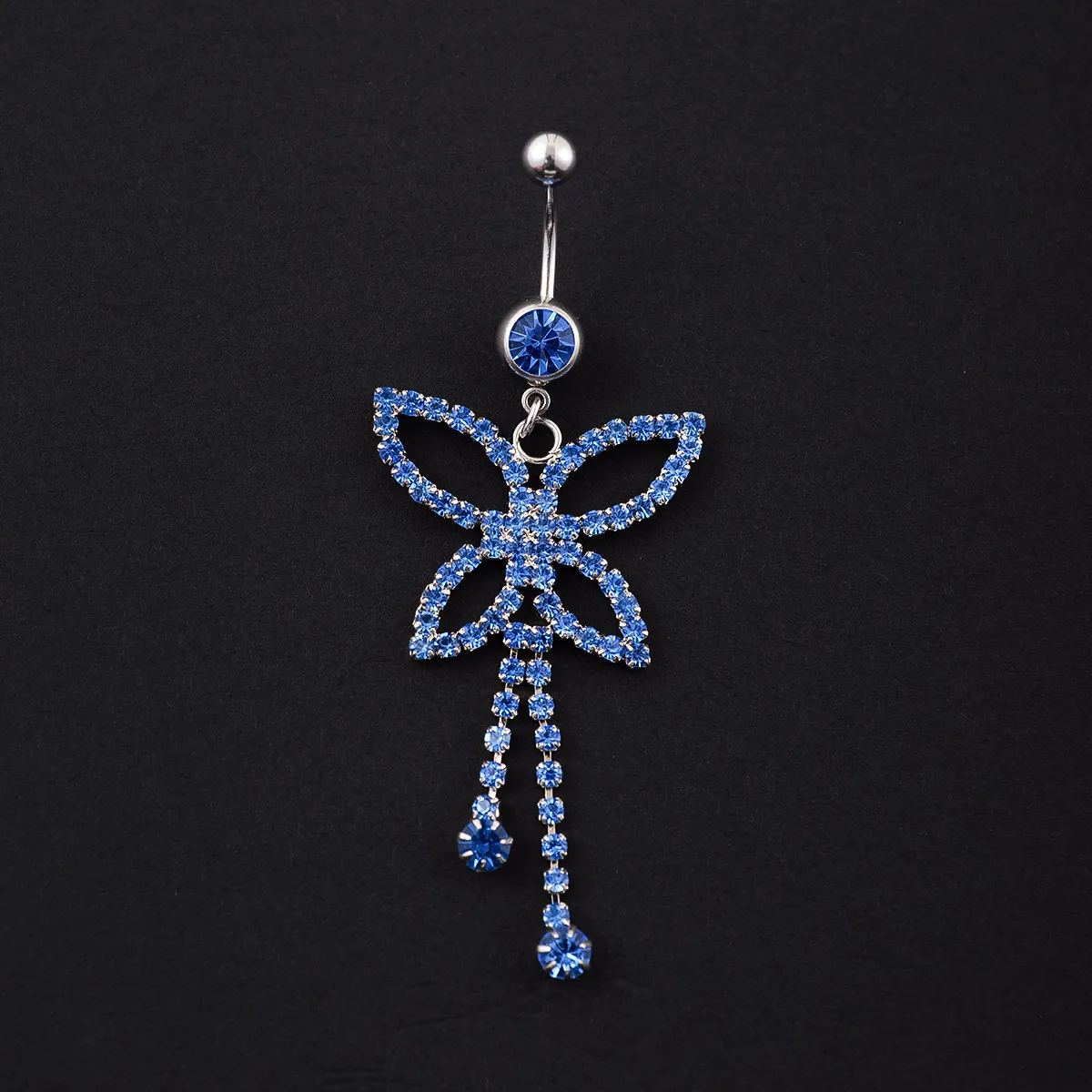 Fine Blue Cz Tassels Butterfly Navel Nail Stainless Steel Colorful Zircon Hollowed Out Butterfly Belly Button Piercing Jewelry