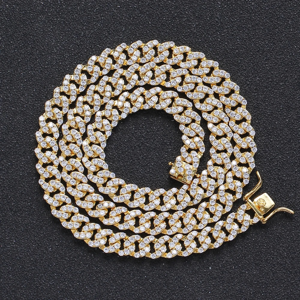 BC003 8mm Brass setting Zircon Cuban link Chain Necklace Hip hop Jewelry Bling CZ Chain Iced Out