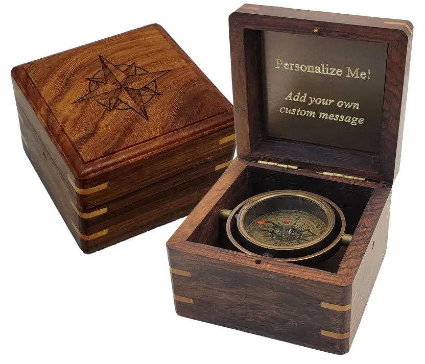 Vintage Personalized Engraved Compass In Wood Box Antique Brass Desk Compass Gifts For Men