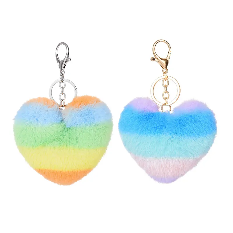 Multi colored fluffy fur pompom keychain heart shaped fur ball keychain