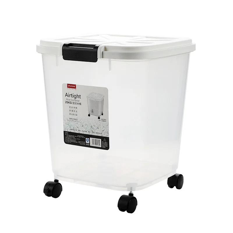 25kg moisture-proof transparent plastic sealed rice flat barrel with lid Kitchen Grain Storage With Four Wheels