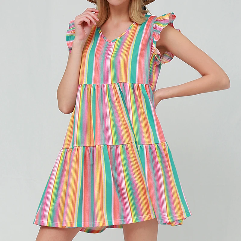 Fashion Custom S-4XL Cheap Casual Women V-neck Rainbow Stripe Summer Ruffle Ladies Cake Mini T-shirt Dress