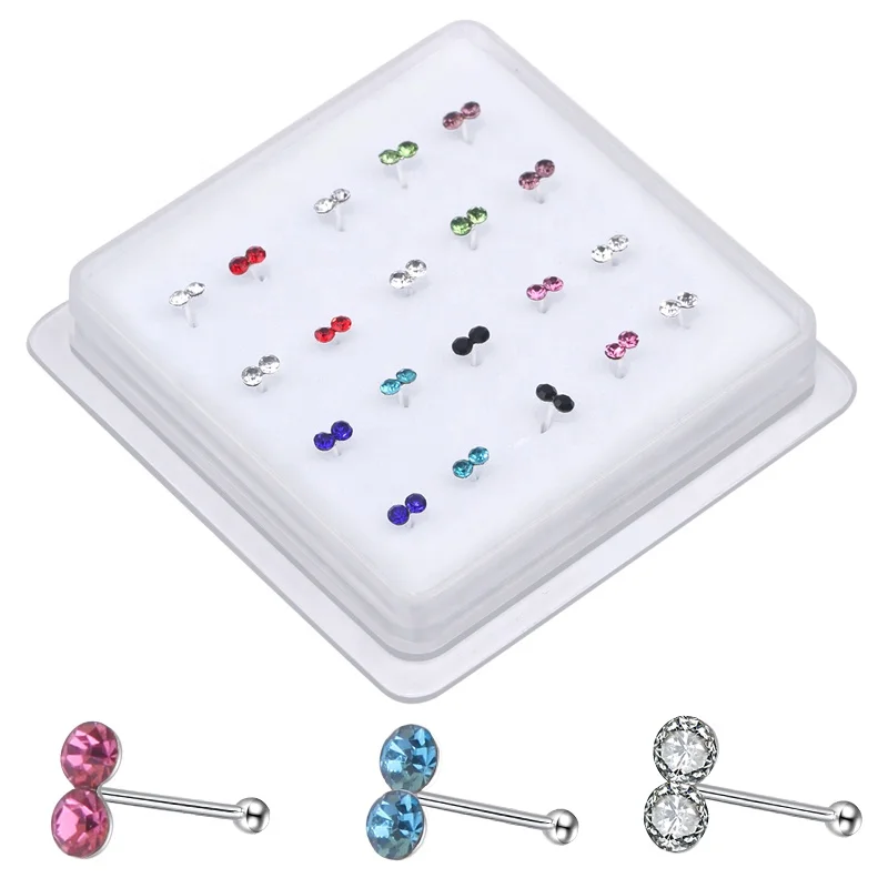 20PCS Mixed Colored Two Stones Nose Studs Ball End Nose Bone Pin Nostril Nose Piercing Boxed Jewelry Wholesale 22G