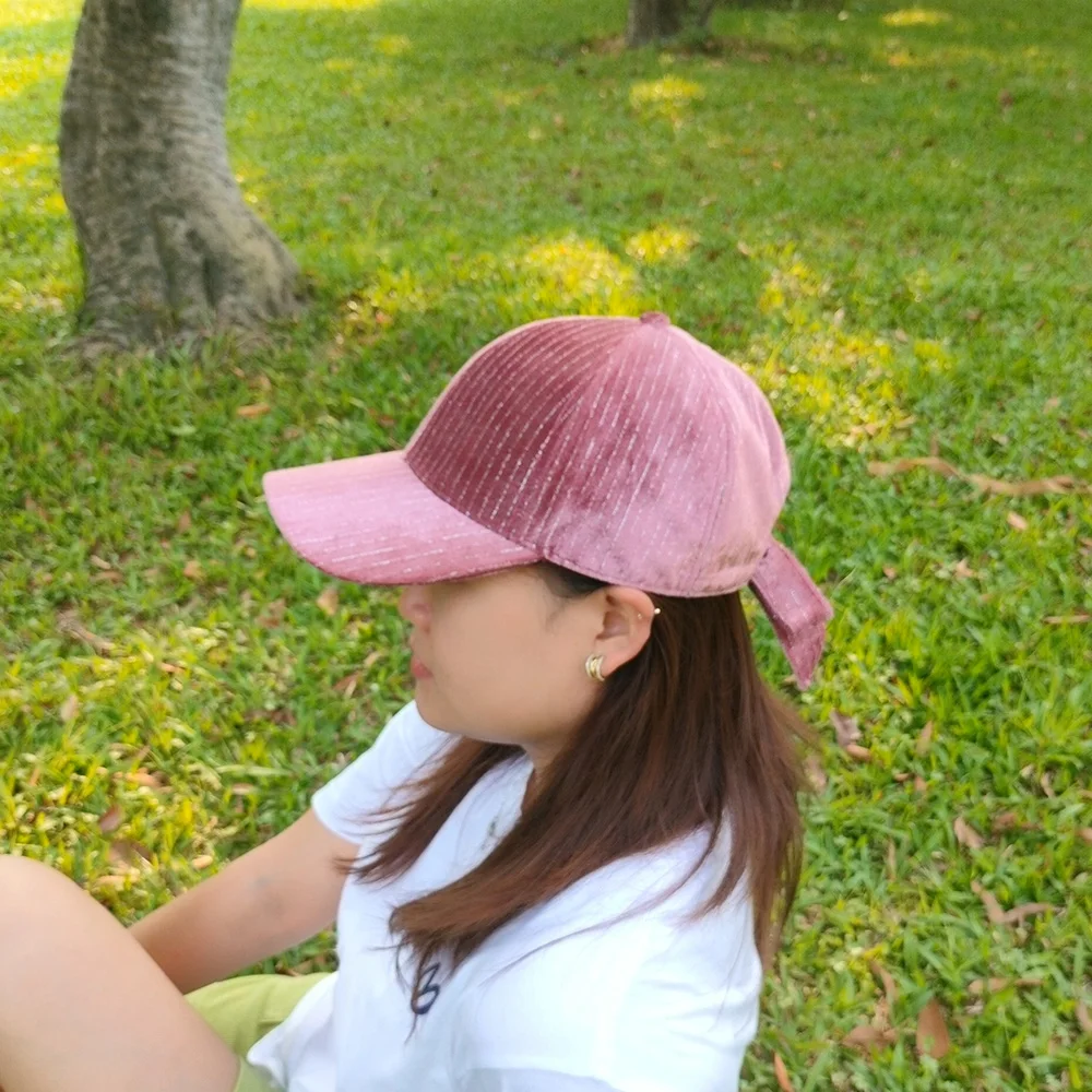 High Quality Pink Stripe 6 Panel Velvet Baseball Caps Bowknot Snapback Sport Hat