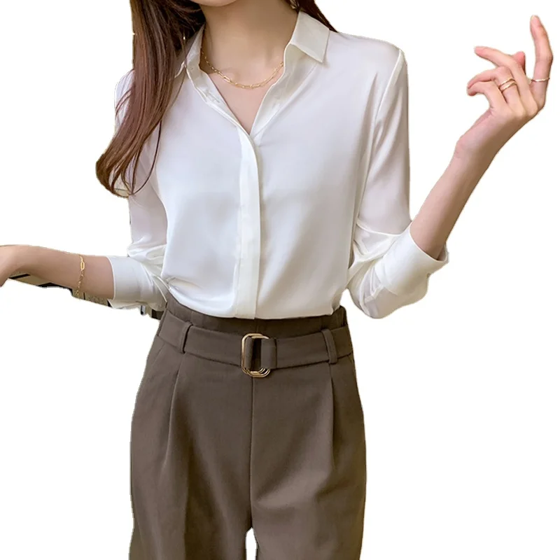 Wholesale Custom Silk Satin Blouse 2021 Spring New Style  Long Sleeve Elegant Office Ladies Wear Chiffon Blouses
