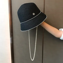 Wholesaler Korean INS Style Women Pear Chain Straw Hats Fashion Luxury Ladies Summer Sunscreen Beach Travel Wedding Buckets Hats