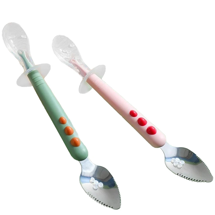 Custom logo two ends stainless steel fork and spoon baby fruit scrapping spoon