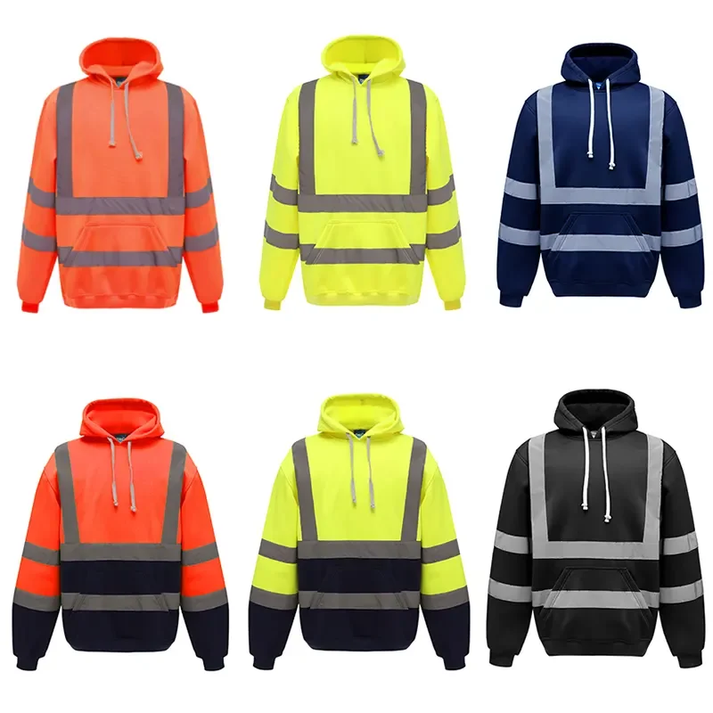High Visibility Hoodies Reflective Pullover Sweater EN ISO 20471 ANSI Class 3 Flu Yellow Long Sleeve Safety Sweatshirt