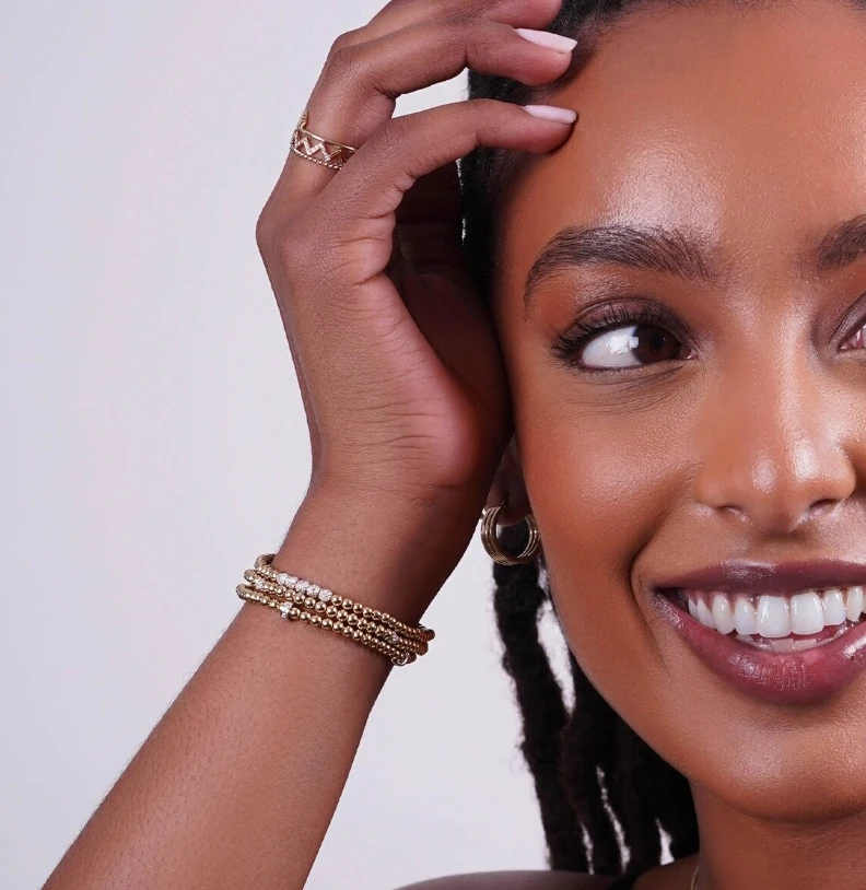 Stainless steel Customized Waterproof No Fade PVD Coating 3mm Gold Segment Bead Bracelet With Diamond Bars