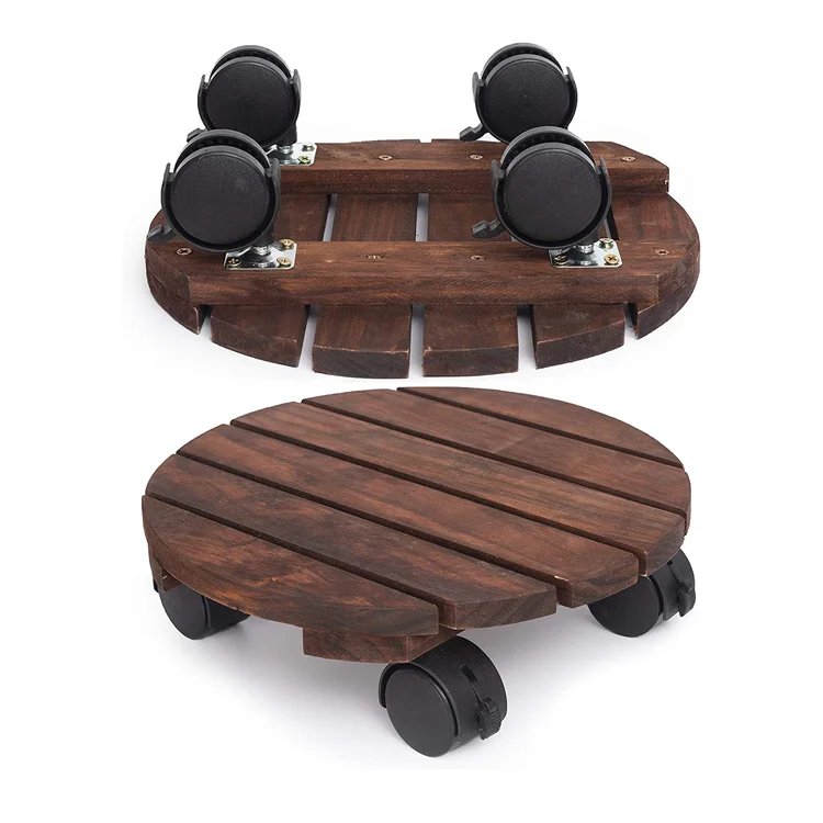 Custom Indoor Outdoor Flower Pot Caddy Rustic Round Wooden Plant Stand with Wheels