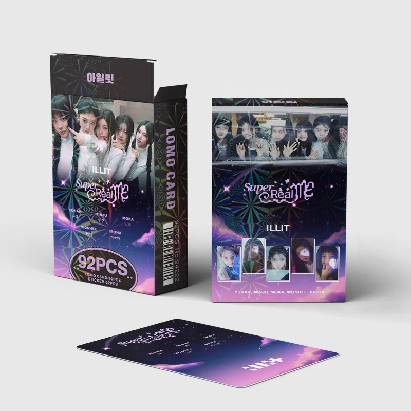 Hot 92pcs kpop ILLIT Korean star girl group 60pcs lomo card 32 bicycle refrigerator stickers souvenir collector card