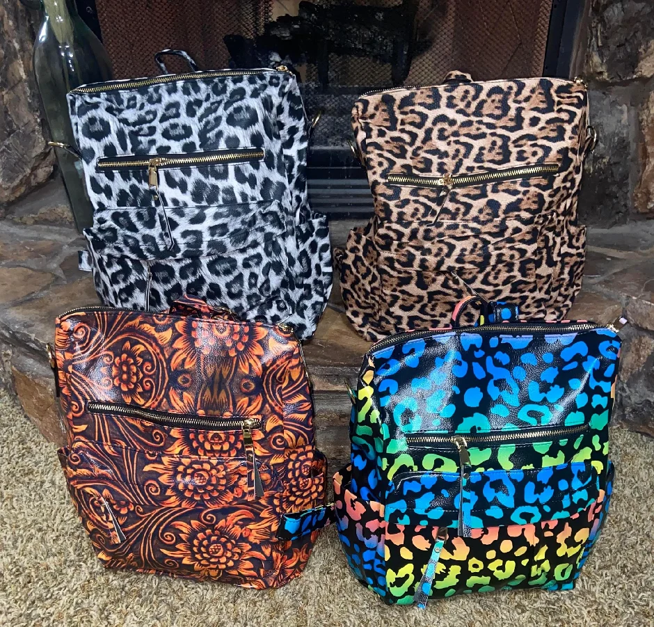 Vegan Leather Adjustable Cow Print Backpack Purse Leopard Convertible Backpack With Leather Strap