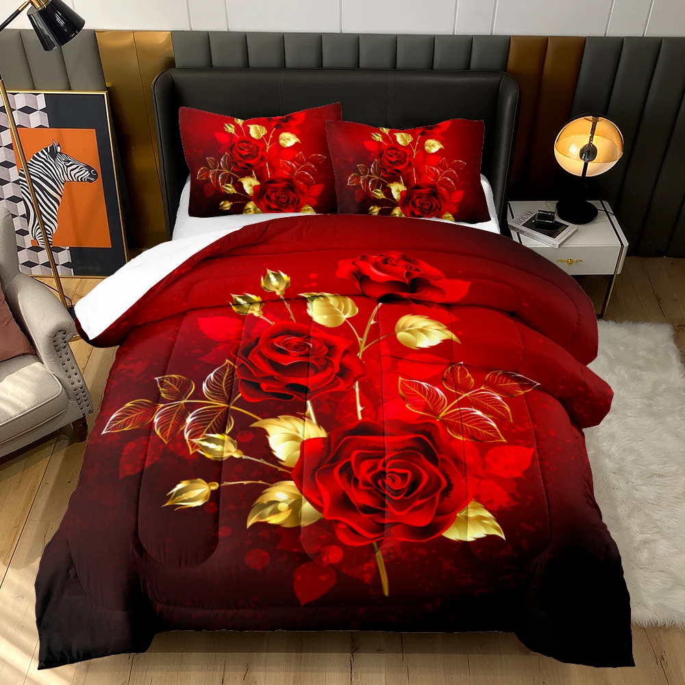 Bed Linen 3D Red Rose Comforter Set with 2 Pillowcases Rose Bedding Set 3-Piece for Bedroom Wedding Quilt