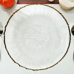 13-inch Clear Glass Round Charger Plates for Weddings Churches Restaurants and Events with a rose gold silver or gold rim