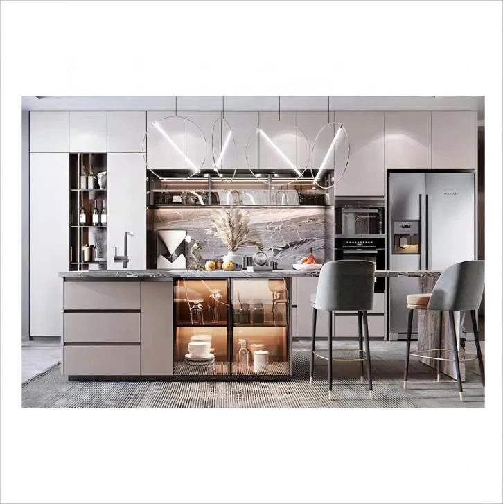 Luxury island solid surface plywood storage kitchen unit set modern corner cabinet wall kitchen cabinet lift system