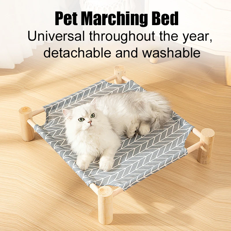 Portable Indoor/Outdoor Cat Beds Elevated Breathable Dog Bed Wooden Pet Hammock Bed