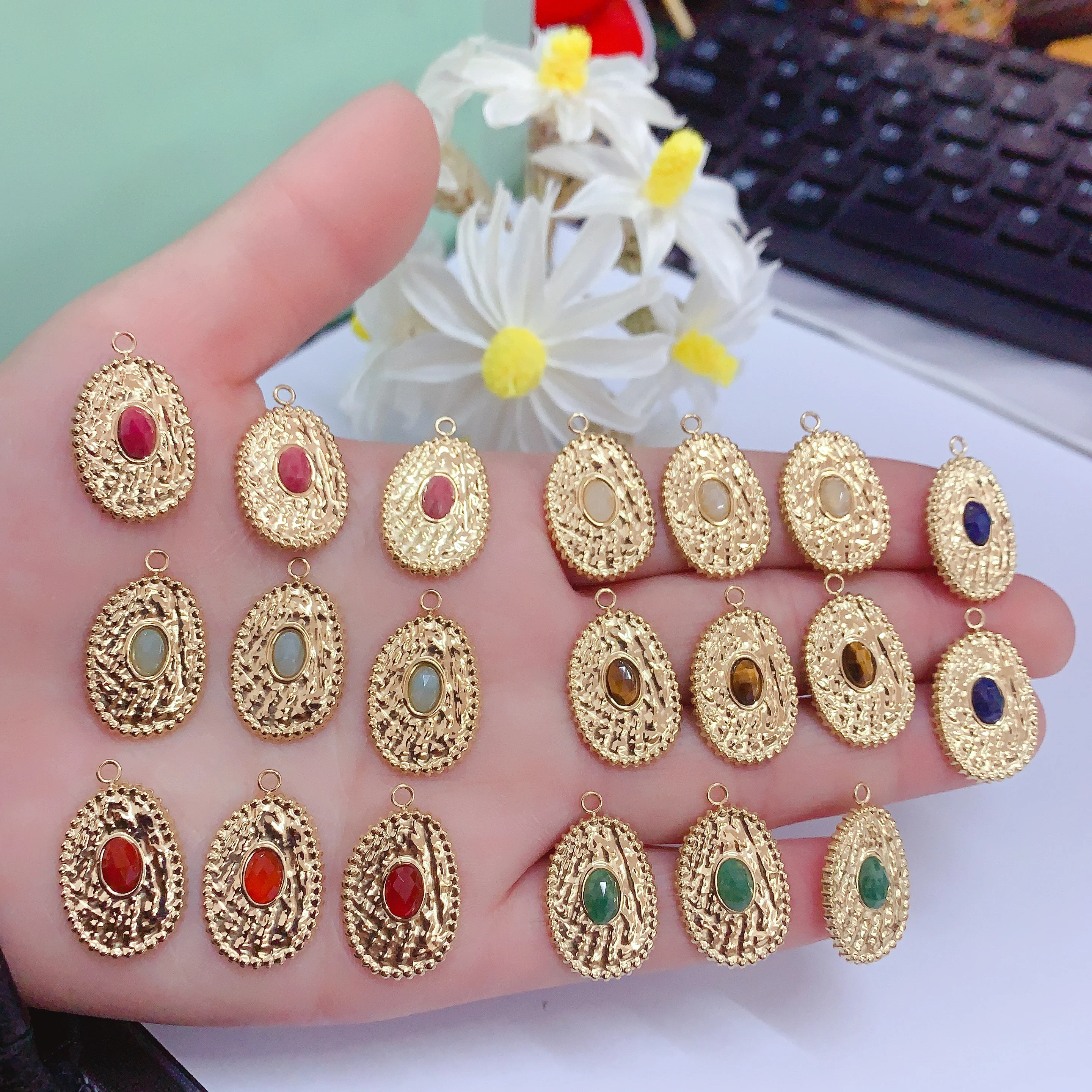ethnic style gold brass round oval shape jade stone pendants heart shape gemstone charms for necklace