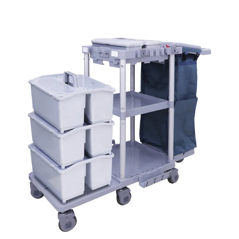 Good quality  Attractive Style Plastic Grey Industrial hotel Cleaning Housekeeping Maid Janitorial Cart
