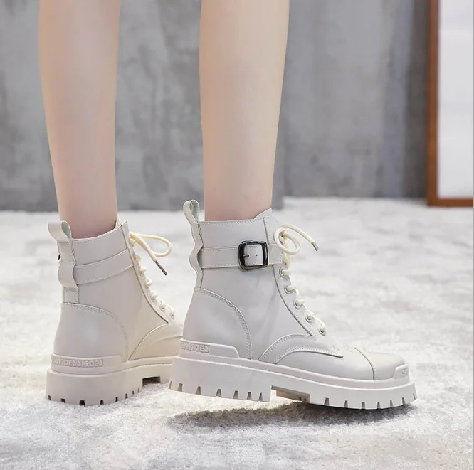 White Lace  Ankle Buckle Pu Flat Winter Women Snow Lady Fashion Casual Combat Boots