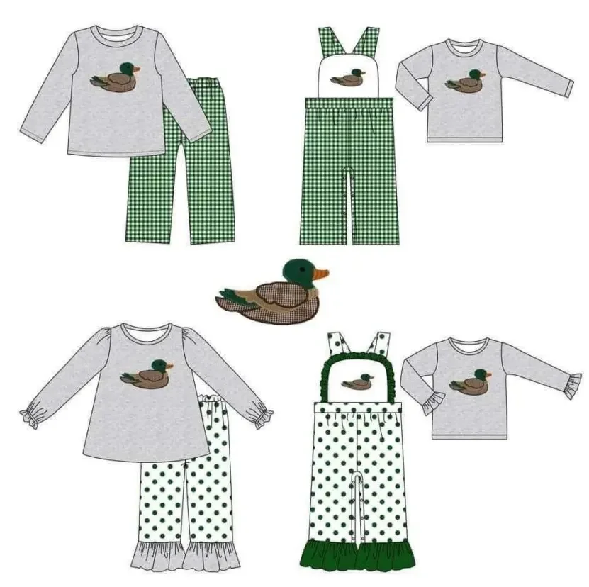 Wholesale fall winter kids clothing mallard duck embroidery outfit baby boutique clothes sets for girls boys
