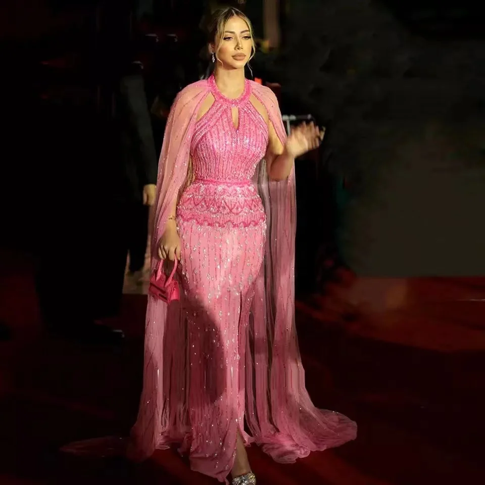 NEW Pink Cape Sleeves Mermaid  Beaded Elegant Evening Dresses Luxury Gowns For Women Arabic Party