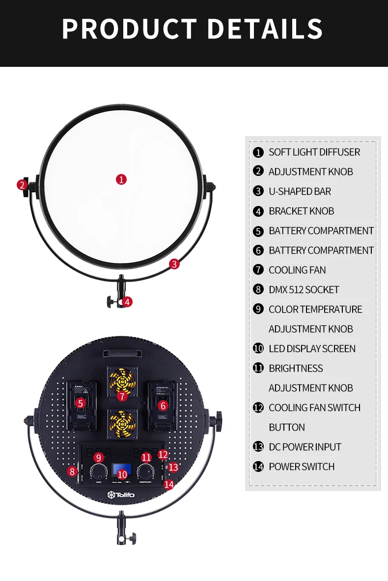 Tolifo High Power 200w Photo Studio Lighting Round Panel Led Soft Video Fill Light for Film Shooting