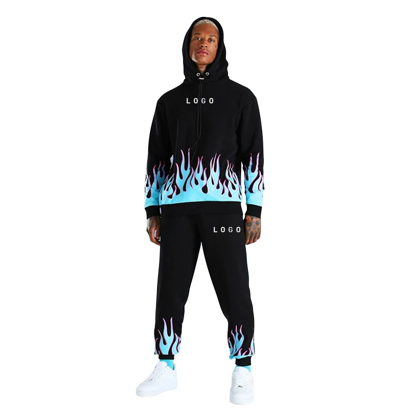 
Custom Flame Hoodie Jogger Mens Joggers Suits Set Sports Cotton Tracksuit 