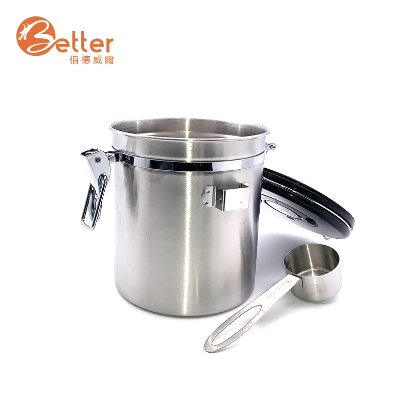 Airtight Metal Stainless Steel Kitchen Container Tea Sugar Coffee Bean Storage Canister Set with Scoop CO2 Valve Lid