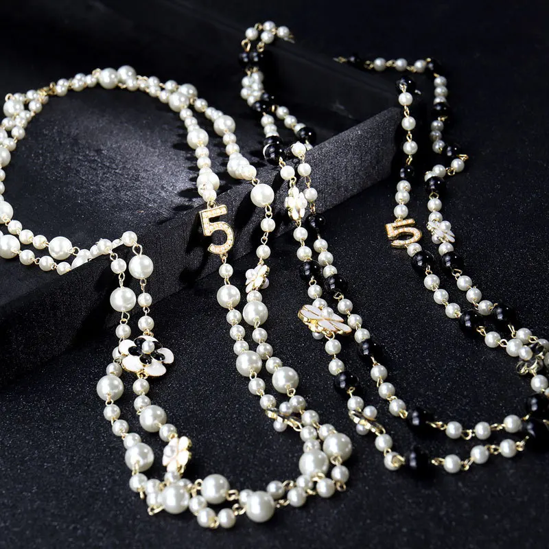 DF0018 Hot Selling Fashion Pearls Long Necklace Women Flower Long Pearls Necklace