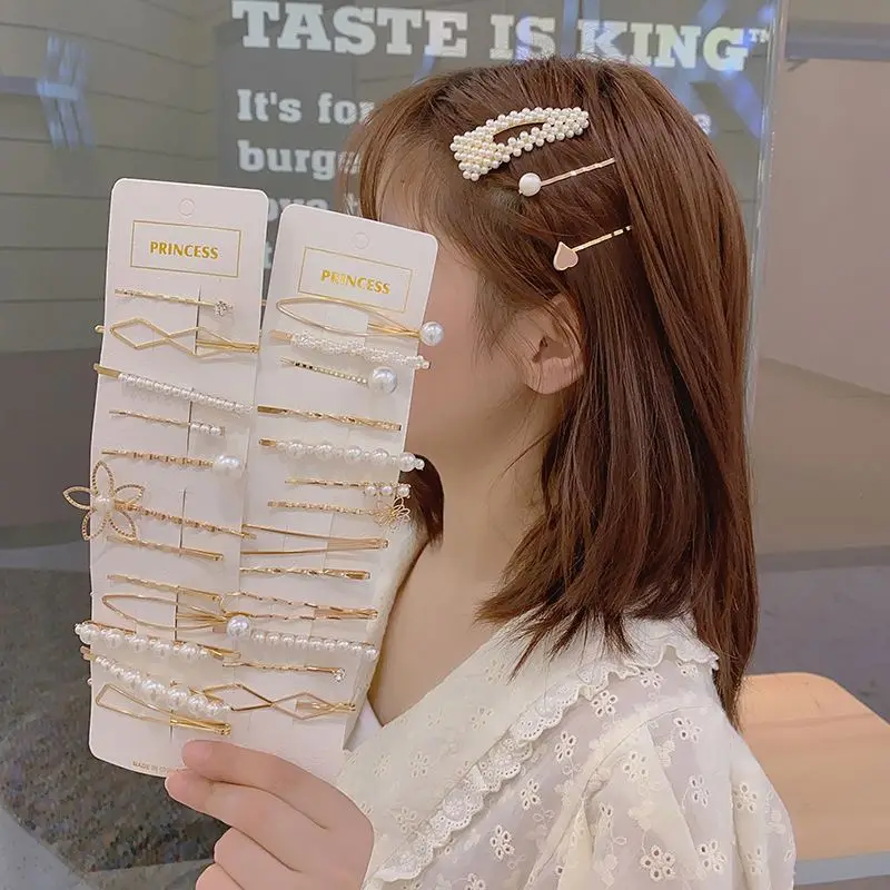 Fashion Korean Alloy Simple Glitter Pearl Bangs Clip Females Tailored Hair Accessories Gold Sets
