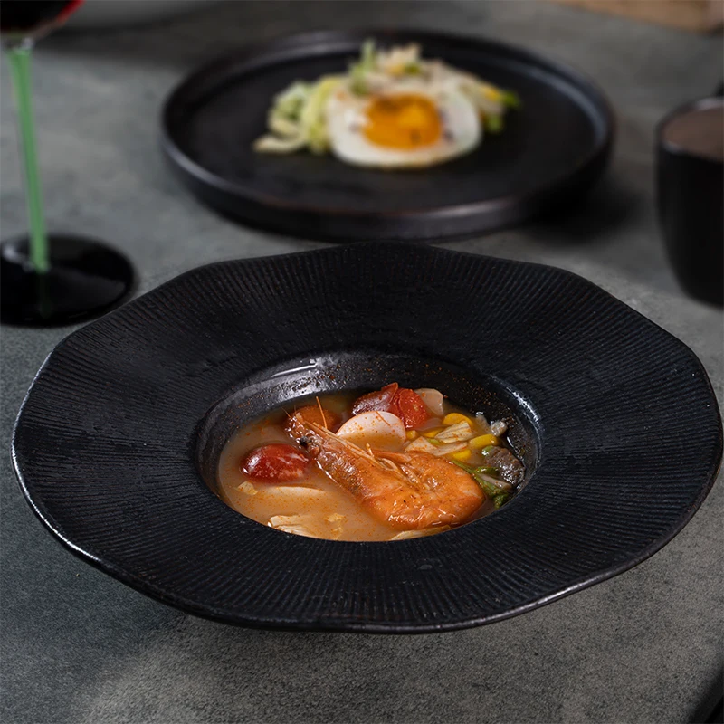 Yayu Rustic Cheap Ceramic Dinner Plates Natural green Stone round Hotel Porcelain Black shallow dished Crockery Restaurant