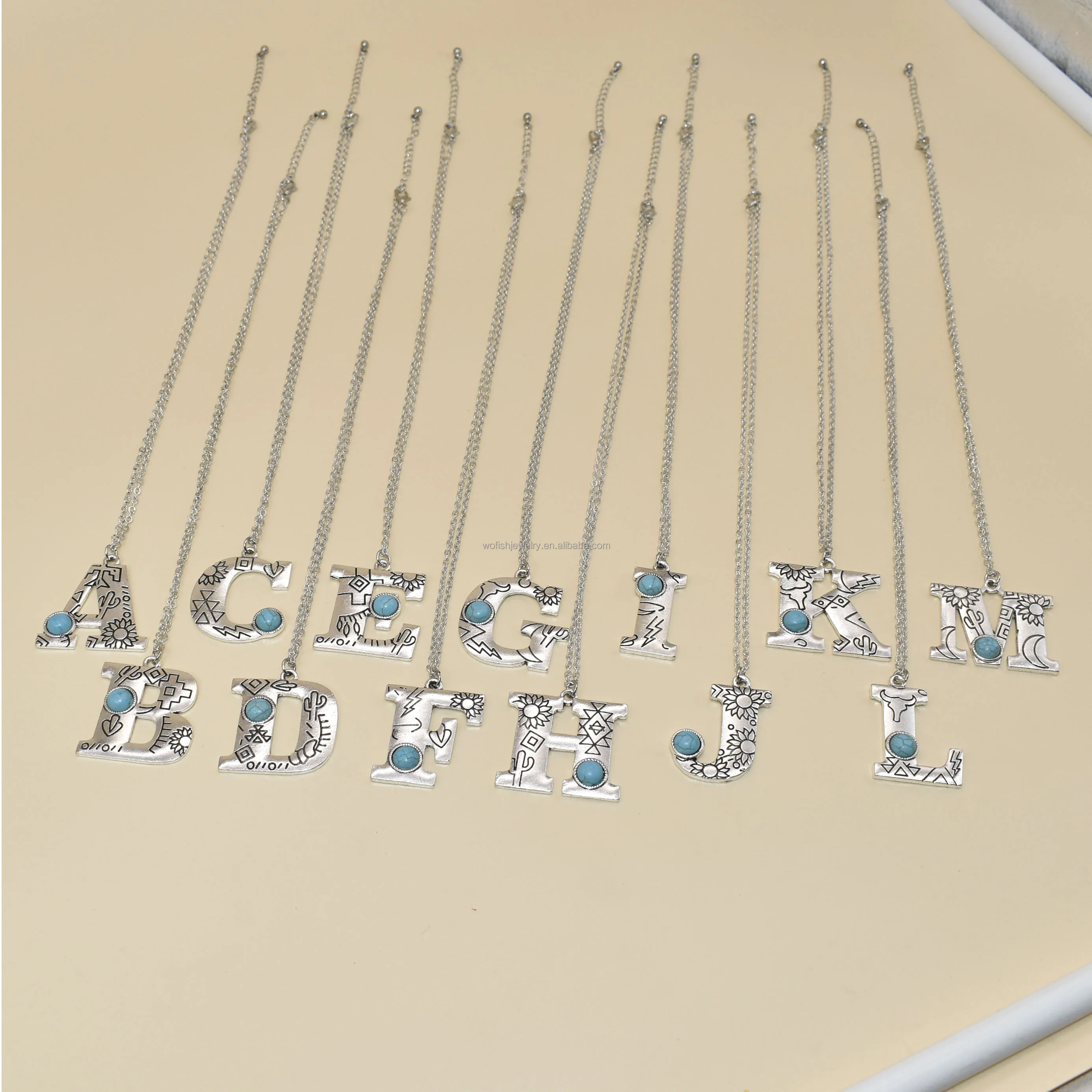 Wofish Western Jewelry Turquoise Beads Stamped Patterns Antique Silver Initial Pendant Necklace for Cowgirl Gifts