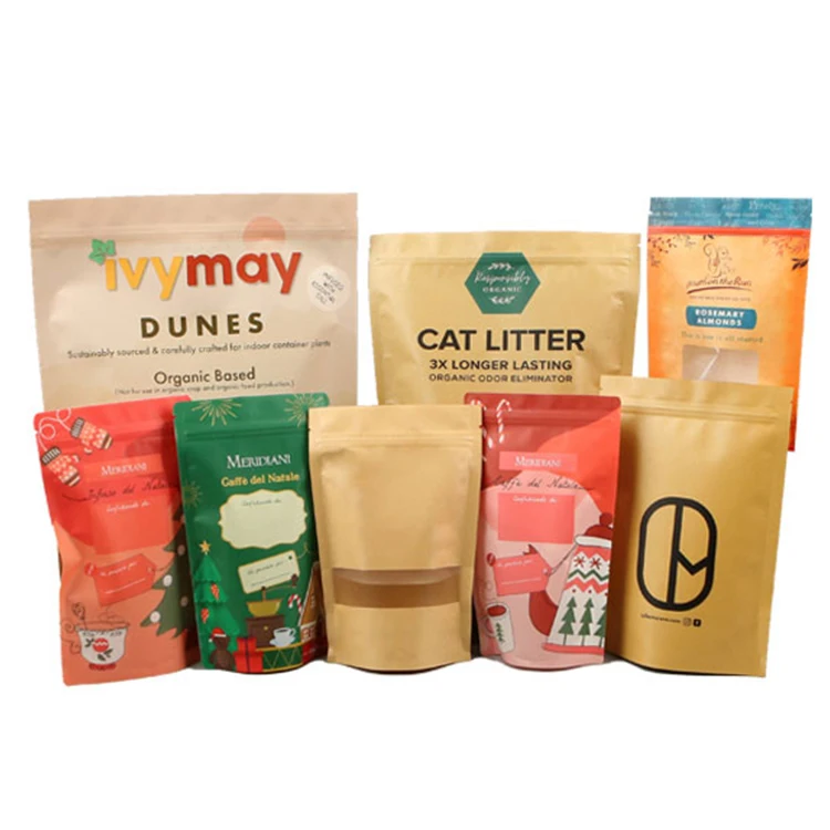 Custom printed food grade stand up zip lock packaging pouch biodegradable kraft paper bags
