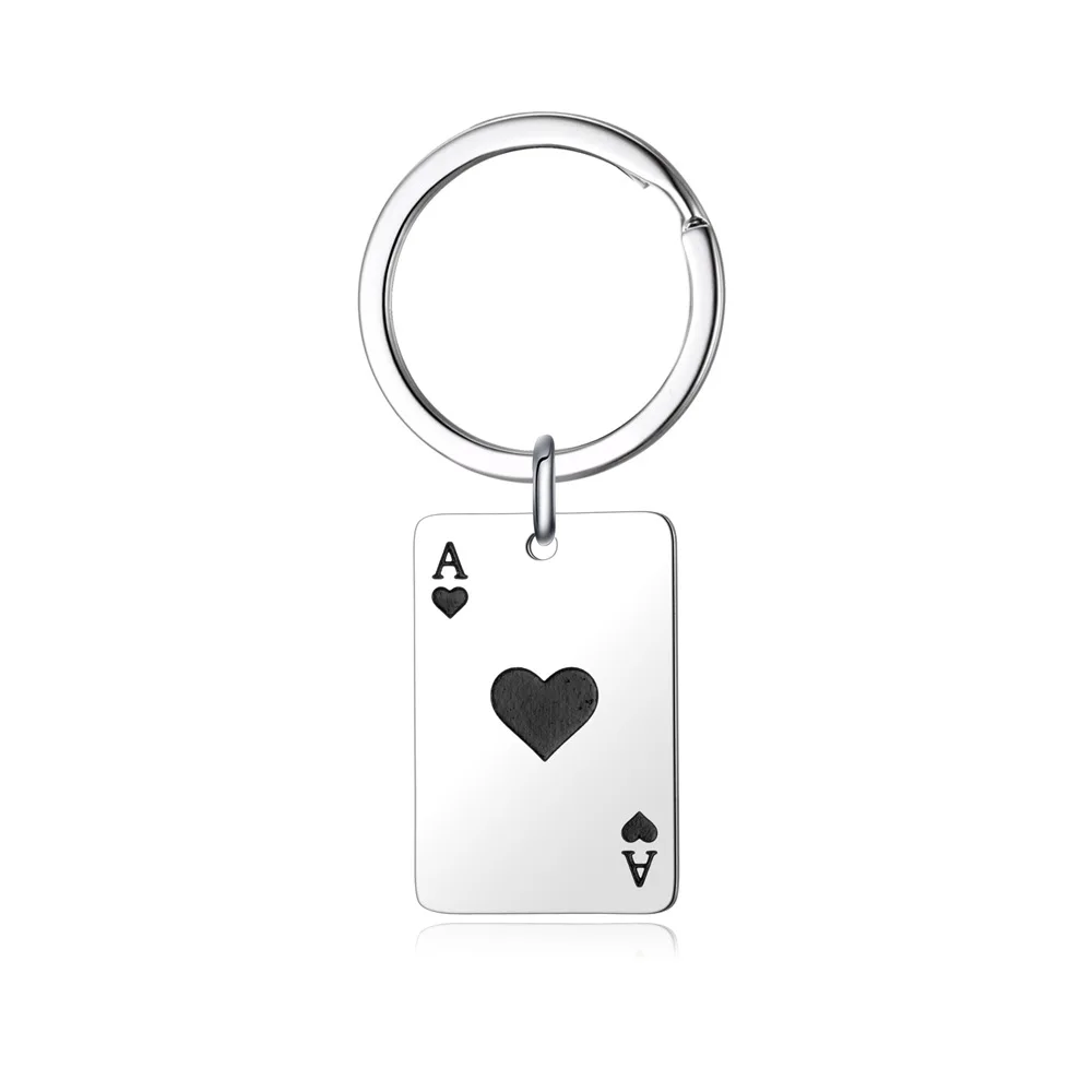 Wholesale Silver Plated Stainless Steel Square Poker Card Pendant Lucky Spades Heart Ace Keychain For Key Charms