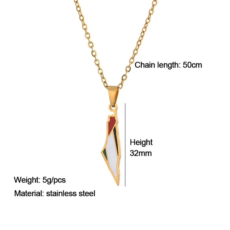 No Fading Stainless Steel Israel Palestine Map Pendant Necklace Enamel Palestinian Flag Necklace Jewelry
