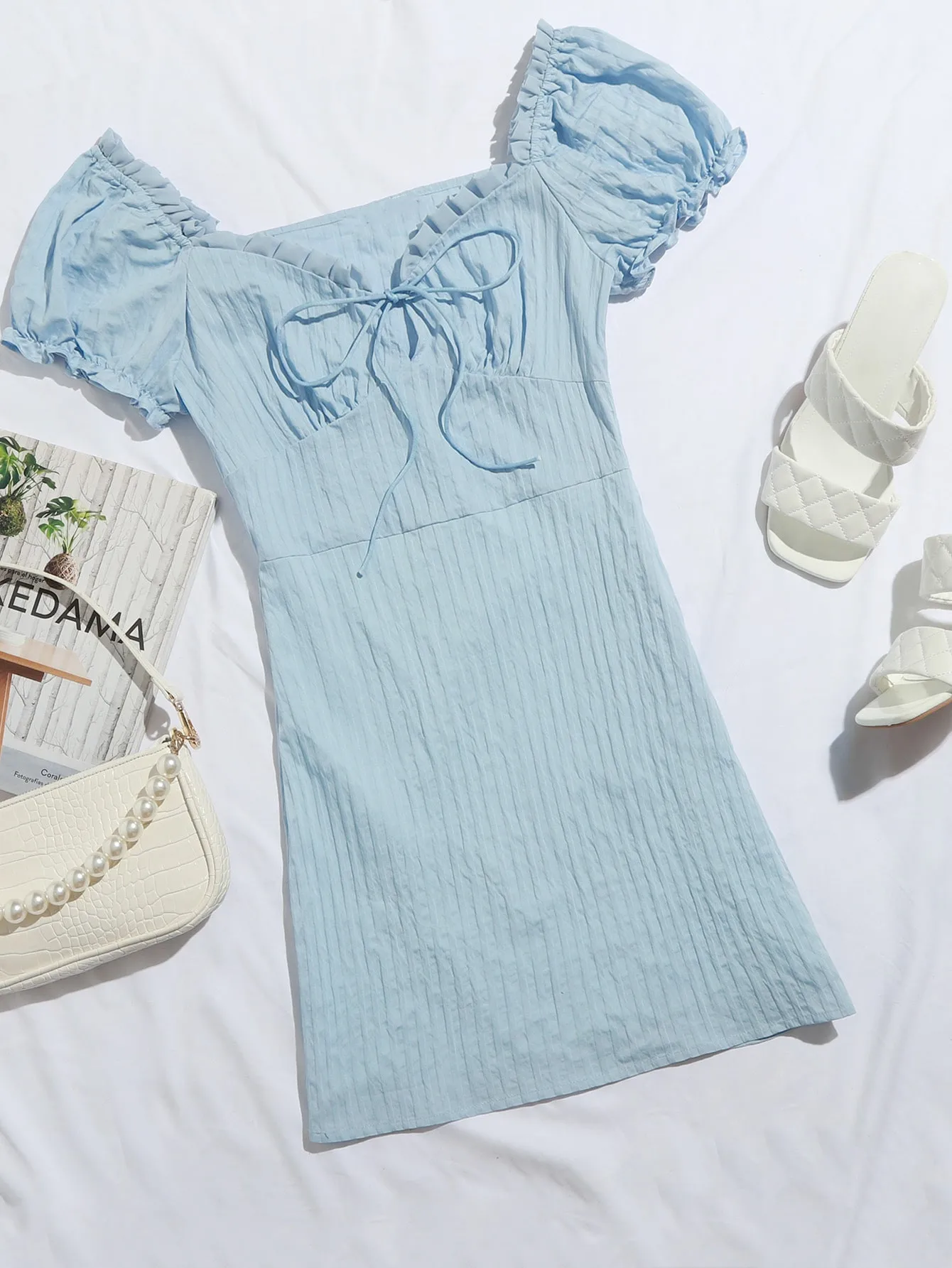 Solid Color High Quality Cotton Dresses Summer Women 2021 Fashion Girls Mini Skirt Tie Front Crinkle Dress