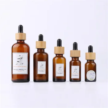 Glass Dropper Bottle Bamboo Lid Cap Amber Essential Oil Vial Industrial Facial Cleanser Eye Drops  20ml 15ml