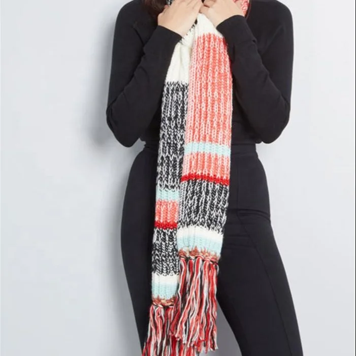 2024  Wholesale New multi-color knit scarf Custom Design Fashion acrylic shawl with Tassels winter spring hand-woven scarves