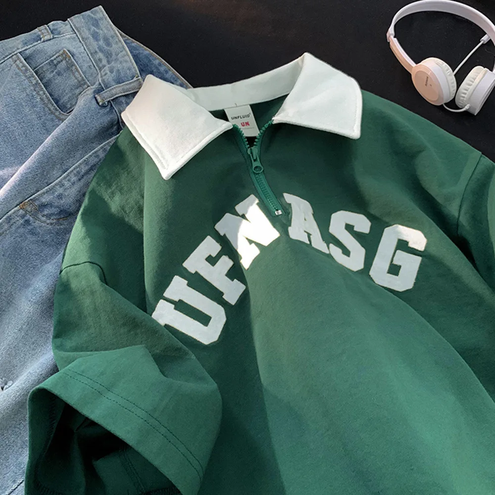 Wholesale Summer Cotton Contrast Color Letter Print Short Sleeve Quarter Zipper Oversized Unisex Polo Shirts