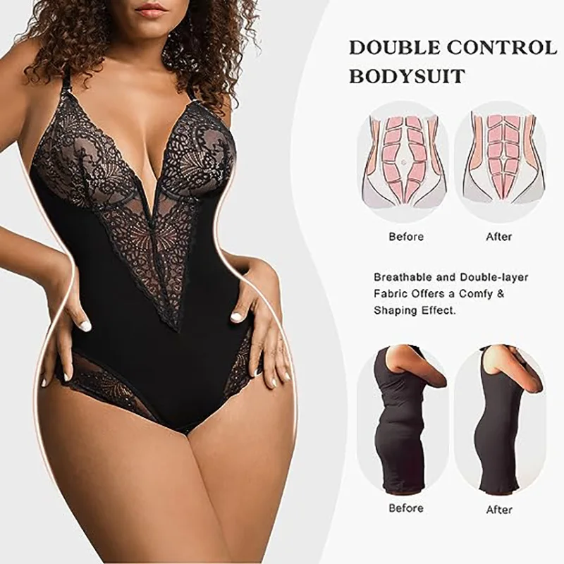 Custom V Plunge Shaping Lace Bodysuit Hip Padding Full Compression One Piece Jumpsuit Shapewear Body Slimming Shaper Shapewear