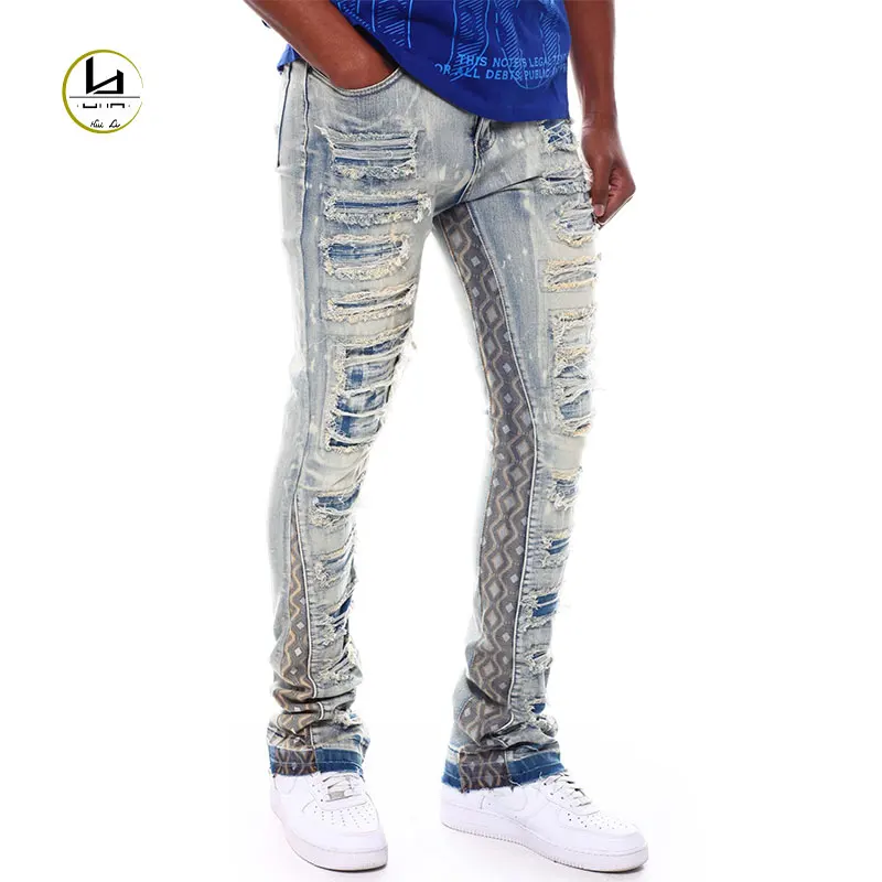 HL factory wholesale fashion street wear casual denim pants patterned patchwork jeans men distressed skinny jeans custom