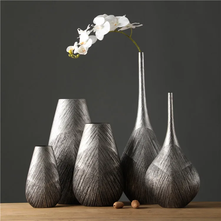 Retro vintage table decorative ornaments matt black vase embossed handmade resin crafts home decor tall flower vase