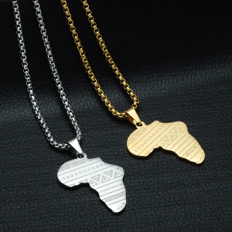 Fashion Necklace Jewelry Personalized Geometry Thick Chain Map Necklace Stainless Steel Africa Map Pendant Necklace For Women