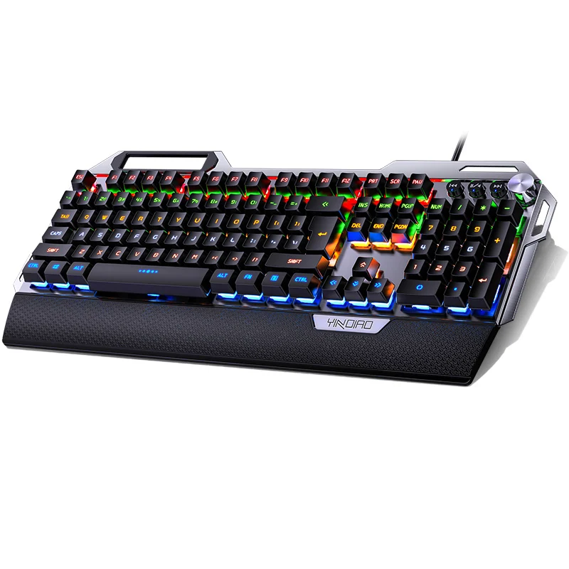 Wired Metal Mechanical Gaming Keyboard RGB with Hand Rest Phone Holder Knob Adjustment Full Size 104 Key Blue Black Switch