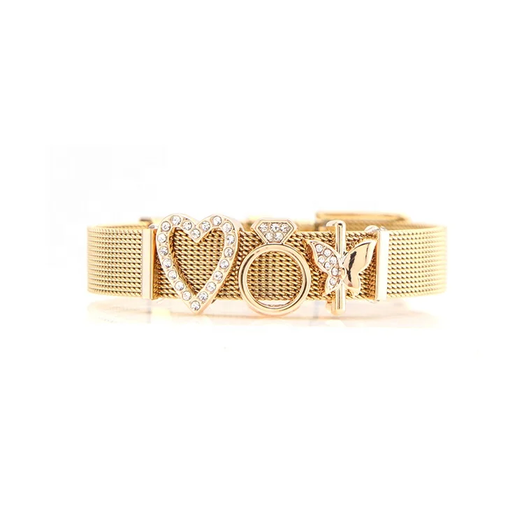 
DIY ring bead 14K gold plating heart charm mesh bracelet 