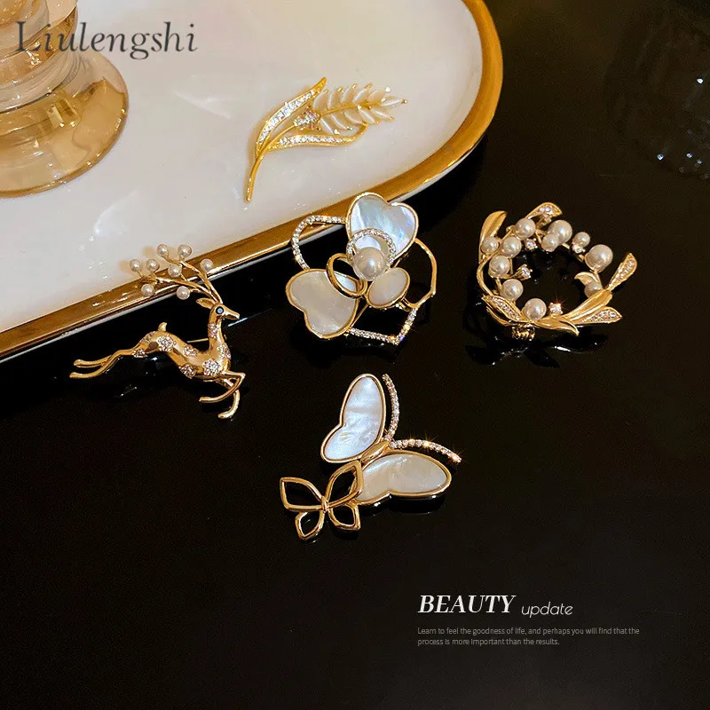 Gold Plated White Enamel Deer Pearl Open Heart Wheat Pearl Brooches Enamel Butterfly Wheat Ear Leaf Pearl Circle Brooch Pin