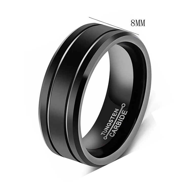 Y054 Hot Selling Minimalism Jewelry Black Center Grooved Beveled Edges Wedding PVD Stainless Steel Rings for Men