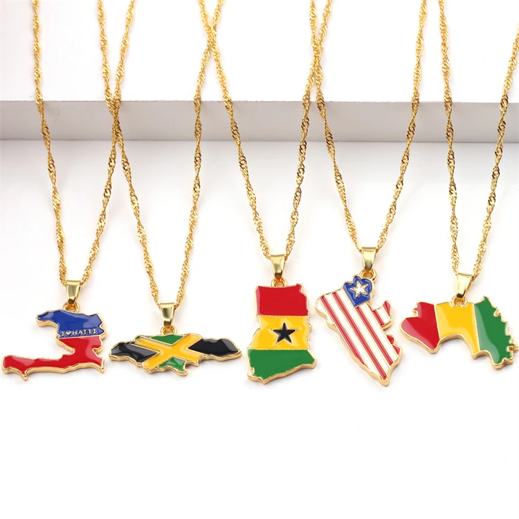 New Gold Wold Country Map Flag Necklace African Guinea Ghana Liberia Undersea Jamaica South Africa Congo Honduras Pendant Chain
